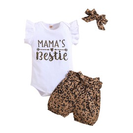 HEOXIN Baby Girl Infant Clothes Set, Newborn Clothing, Ruffle Short Sleeve Bodysuit, Bowknot Waist, Leopard Print Shorts, Snap Button Crotch Headband, Summer Tiny Girls Outfit, Brown, 3-24 Months