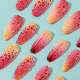 24PCS Gradient Medium Almond Press on Nails with 3D Speckle Orange Pink Embossed Fake Nails Reusable Gel Handmade Press on Nails False Nails Glossy Acrylic Nails for Women Nail Art Manicure