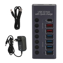7 Ports Powered USB 3.0 Hub 4 High Speed Data Transfer Ports 3 Fast Charging Ports with Power Adapter and Individual Switches 100‑240V EU Plug