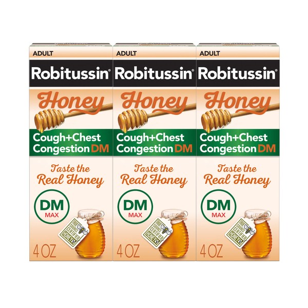 Robitussin Maximum Strength Honey Cough + Chest Congestion DM, Cough Medicine for Cough and Chest Congestion Relief Made with Real Honey- 4 Fl Oz Bottle (Pack of 3)