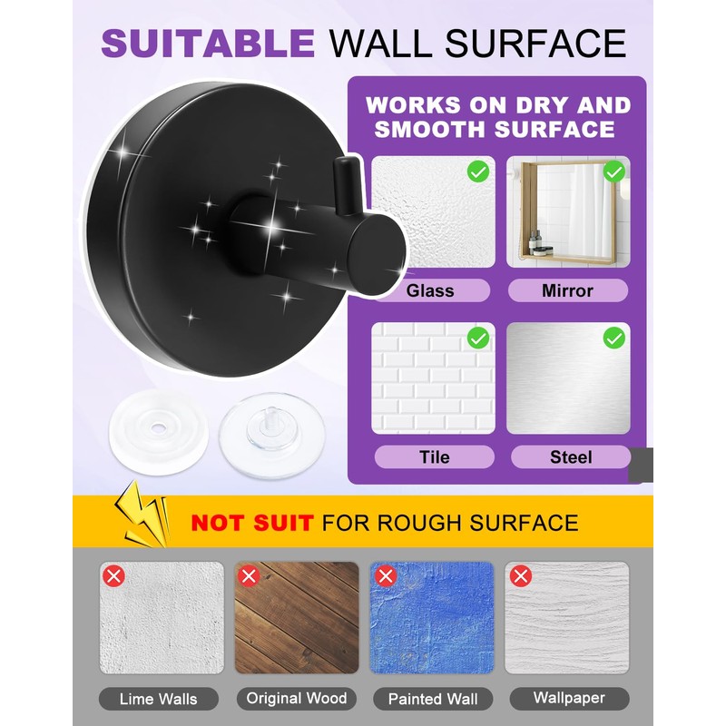 bathiin Suction Cup Hooks, No Drill Suction Hooks for Bathroom