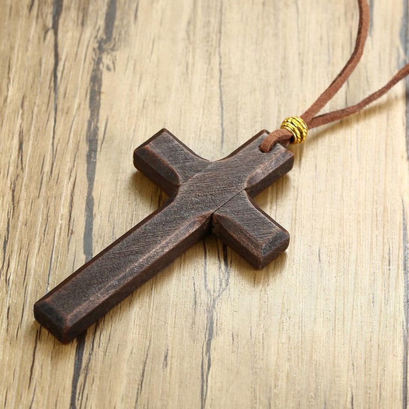 Rockyu Men's Long Cross Necklace Popular Cross Wooden Charm Black