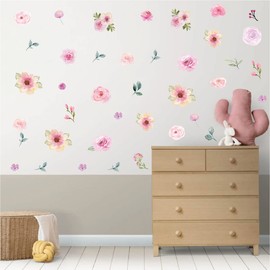 120 Pcs Pink Flower Peel and Stick Wall Decals Watercolor Vinyl Peony Floral and Leaves Wall Stickers for Girls Bedroom Nursery Classroom Living Room 8 Sheets (Pink Flowers)