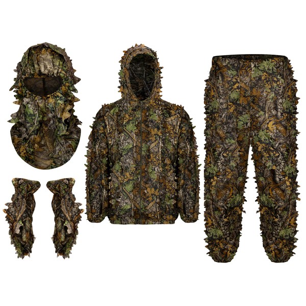 Ginsco Ghillie Suit Full Face Mask Gloves Set XL/XXL, 3D Leafy Camo Suit, Ghillie Suit for Men, Camoflage Woodland Pants Jacket Hood for Outdoor Turkey Hunting Airsoft Sniper Costume Photography