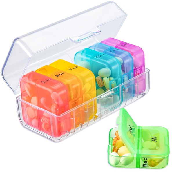 Zoksi Weekly Pill Organizer 2 Times a Day, Rainbow 7 Day Am Pm Pill Box, Daily Am Pm Pill Organizer 7 Day, Portable Vitamin Pill Case, Weekly Pill Box for Fish Oils, Vitamin, Supplement
