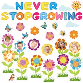 MUOUAKATE 96pcs Spring Bulletin Board Decorations Set for Classroom Door Never Stop Growing Colorful Flower Cutouts DIY Photo with 120 Glue Points Decor Wall School Home Office