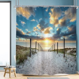 Riyidecor Extra Long Ocean Beach Shower Curtain 72W x 84H Sunset Scenic Blue Sky Seaside Landscape Sand Decor Fabric Bathroom Clawfoot Tub 12 Pack Plastic Shower Hooks
