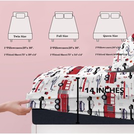 Yasida Queen Size Sheets Fire Truck Bedding for Kids, Police Car Firemen Car Vehicle Helicopter Fitted Sheets for Boys and Girls 3 Pack Bed Fitted Sheet and 2Pillowcases Set