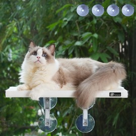 Fampety 21" Large Cat Window Perch, Foldable & Cordless, Holds Up to 60lbs, Preassembled, 4 Extra Suction Cups, Sturdy Support, Textilene Bed, Easy Clean & Quick Dry - White