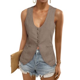 Tankaneo Womens Scoop Neck Blazer Vest Summer Linen Sleeveless Fitted Waistcoat Work Casual Cotton Suit Tops