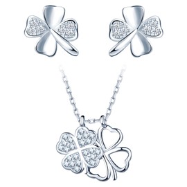 CPSLOVE Necklace and Earrings for Women and Girls, Jewellery Sets, 925 Silver Necklace and Earrings, Double Four Leaf Clover Necklace Pendant, Clover Earrings, Zircon, Silver, cubic zirconia, Cubic