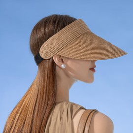 Lam Galllery Sun Visor Hat for Women Straw Sun Hat for Summer Beach Ponytail Sun Hat Wide Brim Hat for Outdoor-Khaki