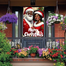 BlissYard African American Santa Christmas House Flag 28 x 40 Inch Double Sided Holiday Garden Flag with Couple Design for Winter Yard Porch Outdoor Decor