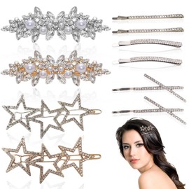 Psiokimi Rhinestone Hair Barrettes for Women, 10 Pcs 5 Styles Bridal Hair Accessories for Women, Flower Pearl Crystal Silver Hair Clips WeddingHair Accessories for Women Wedding