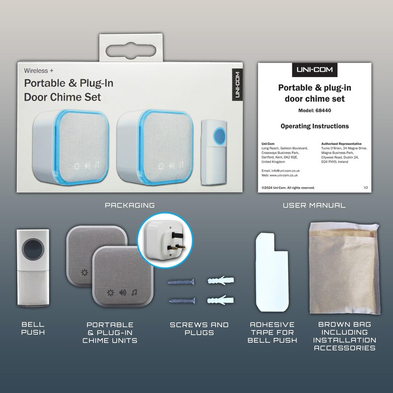 Uni-Com Wireless Portable & Plug-in Door Chime Set, 150m Operating