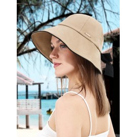 sy soul young Women's Sun Hat with Holes in Ponytails Bow Ultra Brim UPF 50+ Water Resistant Foldable Beach Hat, khaki, Unit size