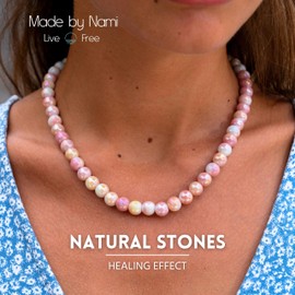 Made by Nami Women's Colourful Pearl Necklace Made of Real Stones with Snake Grain Boho Jewellery 40 + 5 cm Length, Stainless Steel, Pearl