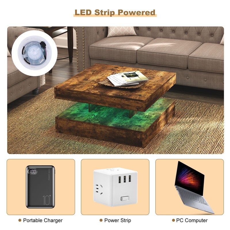 Square Coffee Table with LED Wood Low Coffee Table for