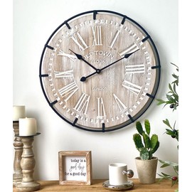 EMAX HOME 24 Inch Large Farmhouse Wall Clock, Rustic Antique Wood with Metal Circle and Large Engraved Numerals, Silent Battery Operated Wall Clock for Office Kitchen Bedroom Living Room