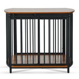 Dog Crate Furniture, 31.5” Wooden Cage Indoor Kennel with Adjustable Feet and Safety Lock Door for Small and Medium Dogs, Brown Decorative End Table Pet House, Easy to Clean