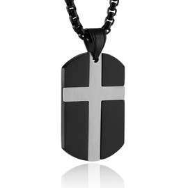 HZMAN Isaiah 41:10 Jewelry, Stainless Steel Cross Dog Tag Necklace Strength Bible Verse (Black & Silver)
