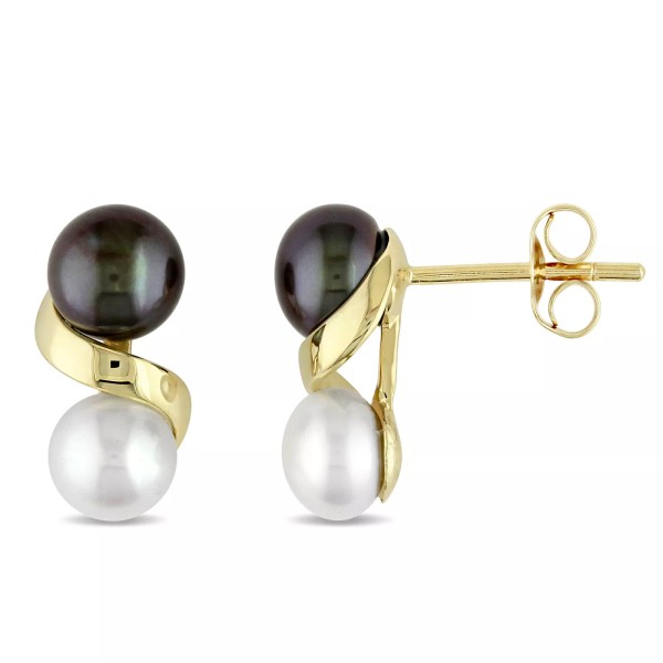 Amour 10k Gold Black and White Cultured Freshwater Pearl Earrings