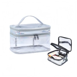 FLORPERRY Transparent Makeup Pouch, Double Layer, Cosmetic Storage Box, Makeup Toiletry Bag, Multi-functional, Waterproof, Vanity Pouch, Lightweight, Toiletry Bag, Travel Pouch, Hot Springs, Business Trips, Silver