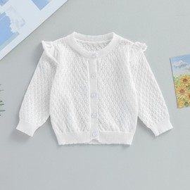 Toddler Baby Girl Warm Knitted Cardigan Long Sleeve Solid Color Sweater Cardigan Hollowed Ruffle Trim Knit Jumpers Sweatshirt Fall Winter Button-up Pullover Knitwear (White, 12_months-24_months)