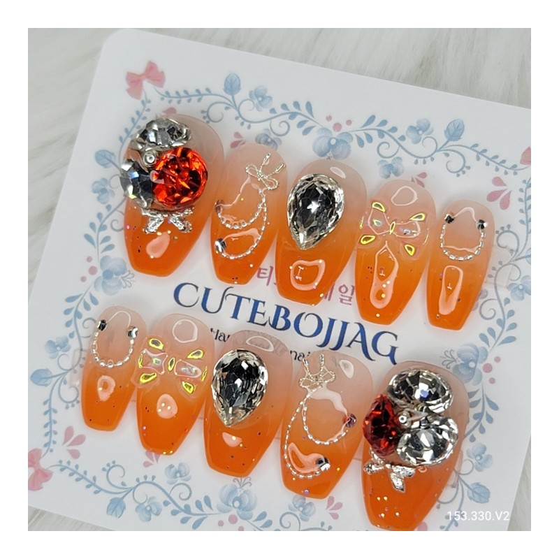 Coral Glitter Handmade Nail Tips - Almond S / 코랄