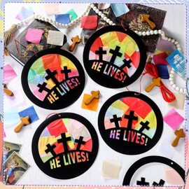DoubleFill 36 Sets Easter Religious Cross Suncatchers Crafts Kit DIY Jesus Christian Tissue Paper Cross Suncatchers Sunday VBS Craft Kit DIY Resurrection Church Ornaments for Easter Sunday Window Art