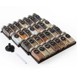 SIMPLEMADE-Spice Drawer Organizer, Spice Rack Drawer for Kitchen, 4 Tier Black Drawer Spice Organizer with 28 Jars and labels with a pen, Silicone Funnel, 13" by 17.5"