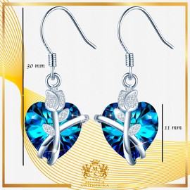 Earrings Silver 925 Hanging Women's Crystal Heart Rose Long Drop Earrings with Cubic Zirconia Jewellery Gifts for Women, Sterling Silver, Crystal