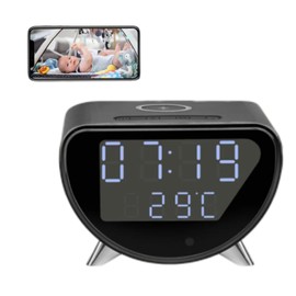 InCliick Alarm Clock with Small Camera, 4K HD Cam Multi-Functional Alarm Time & Temperature Display Wireless Charge, Motion Detection Desktop Camera Clock for Home & Office Use(No Audio)