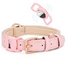 WHIPPY Airtag - Collar de cuero para perro, rastreador GPS, etiqueta de aire, collar de perro ajustable de cuero suave acolchado con funda para Airtag