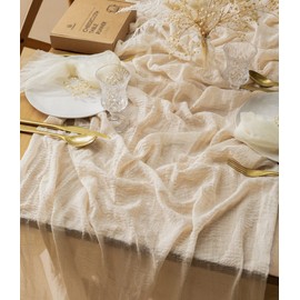 Vitalizart Cheesecloth Table Runner 10 Ft Gauze Boho Fabric Rustic Light Nude Cheese Cloth Table Runner for Wedding Bridal Shower Birthday Fall Thanskgiving Decoration 120 Inches