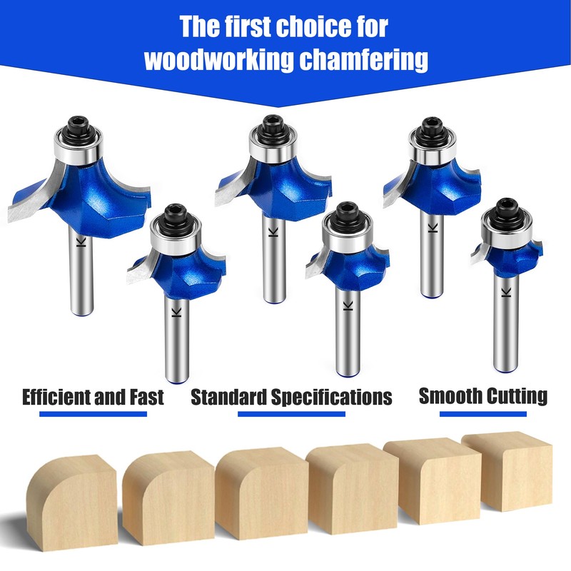 6Pcs Roundover Router Bit 1/4 Shank,Radius 1/8" 3/16" 1/4" 5/16"