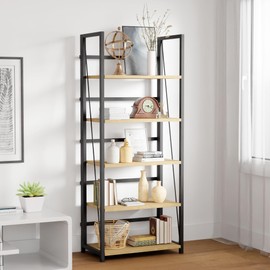 5 Tier Wood Book Shelf Organizer, No Assembly Bookshelf for Bedroom Living Room Office, Rustic Foldable Book Case, Tall Bookshelves, Open Book Shelves, Decorative Folding Shelf Display, Tall Bookcase