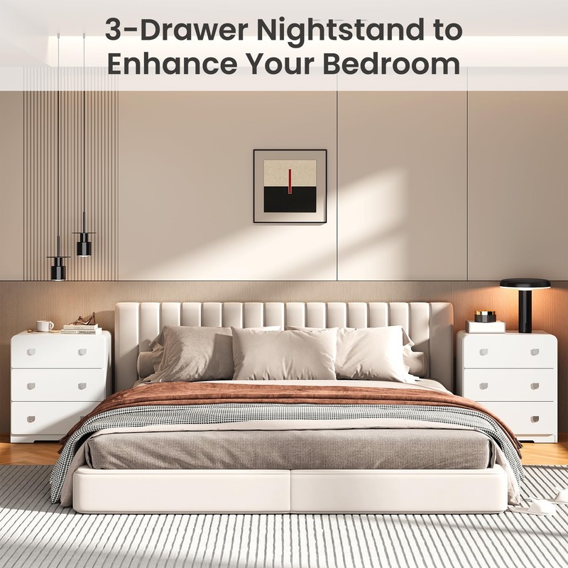 RoyalCraft White 3 Drawer Nightstand, Modern Painted Bedside Table with