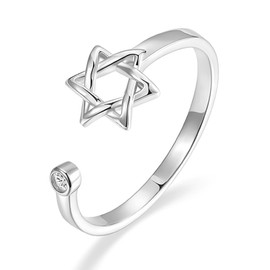YILUOCD Star of David Zircon Ring for Women, Simple Magen David Wiccan Amulet, Hexagram Adjustable Rings Jewish Jewelry, Metal, band-setting