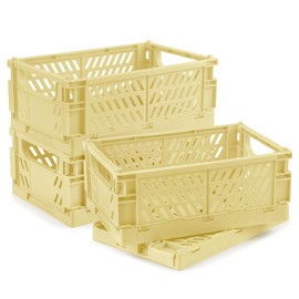 HOYA PONYOO 4 Pcs Collapsible Storage Crates, 10x5.9x4 inches Space-Saving Folding Containers, Stackable Plastic Boxes for Home Kitchen Office Bedroom Bathroom, Beige