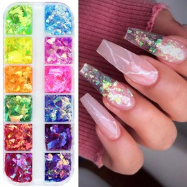 Vezocim Iridescent Glitter Nail Art Sequins, Holographic Transparent Irregular Ultra Thin Nail Art Glitter Flakes Designs, Mermaid Nail Glitter Acrylic Supplies Decorations for Women Manicure Art