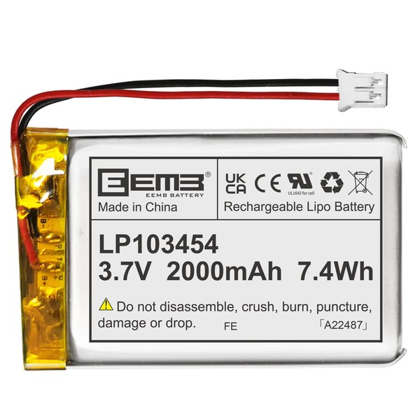 EEMB 3.7V Lithium Polymer Battery 2000mAh 103454 Lipo Rechargeable Battery Pack with Wire JST Connector for Speaker and Wireless Device- Confirm Device & Connector Polarity Before Purchase