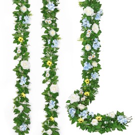 Dremisland 2PCS Artificial Rose Vine Fake Flower Garland 6FT Faux Silk Rose Hanging Vine Floral Garland Daisies Hydrangeas Ivy Vines for Wedding Party Wall Arch Garden Background Decor