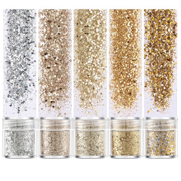 Glitter, 5 Boxes/Set Holographic Chunky Glitter Nail Glitter Sequins Flakes Nails Powder for Body Face Hair Eyes Cosmetic Resin DIY Crafts Festival Christmas