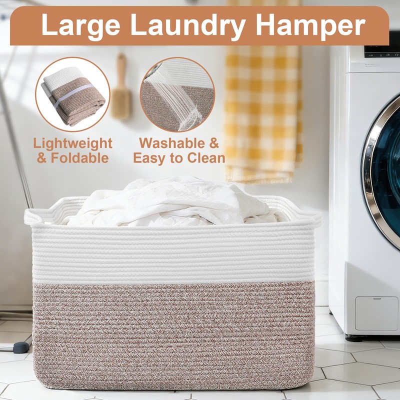 75L Large Blanket Storage Basket with Handles - White &