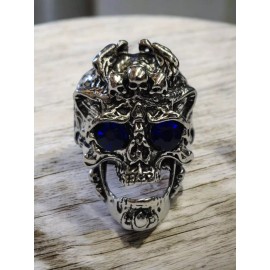 Yomo Crowned Skull Head Ring (Blue Stone Eyes) Adjustable Fit - Gothic Biker Punk USA