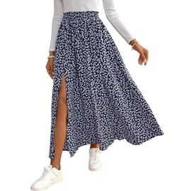 GORGLITTER Women's Skirt Long Summer Skirt Boho Midi Skirt with Slit Floral Pattern Skirts High Waist Floral Skirt Casual Casual Skirt Loose Beach Skirt, darkblue, L