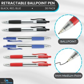 1InTheOffice Retractable Ballpoint Pen, Medium Point, 1.0mm, 12 Black, 12 Blue & 12 Red Pens, 36 Pack