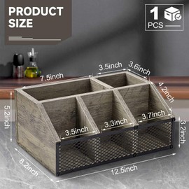 Yalikop Coffee Station Organizer Bar Coffee Creamer Holder for Countertop Tea Condiment Pod Wooden Storage Basket Rustic with Iron Mesh for Accessories Organizer Decor(Gray,Rustic)