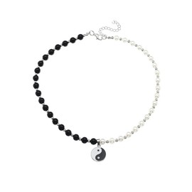 Yin Yang Pendant Choker Necklace Beaded Pearl Link Chain for Women Men Chinese Philosophy Cool Hip Hop Jewelry